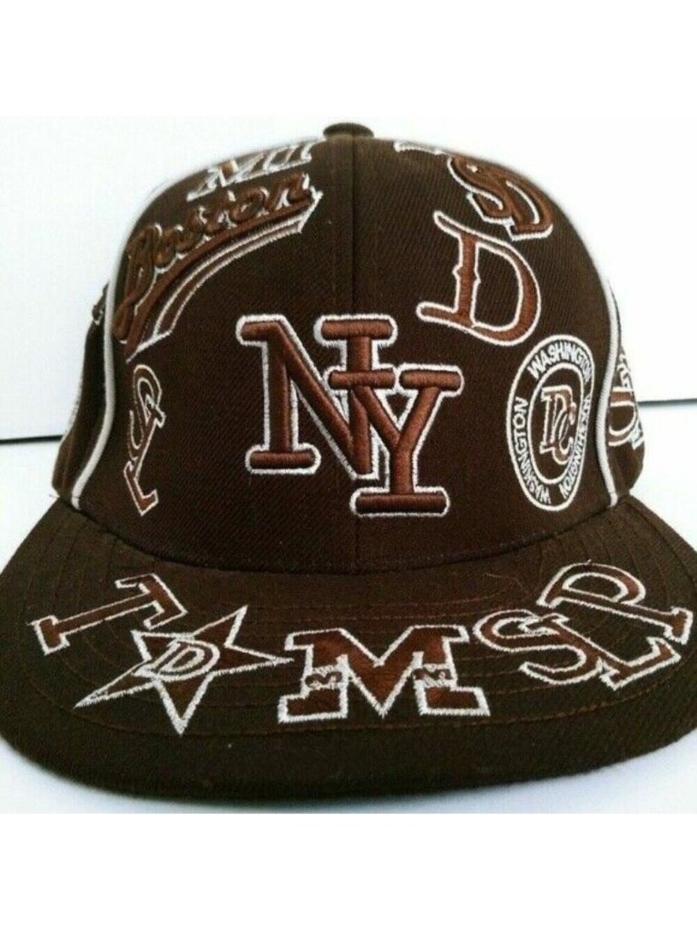 Vintage City Hunter Fitted Hat Size 7 Brown Y2K All Over City Logo NY Boston DC